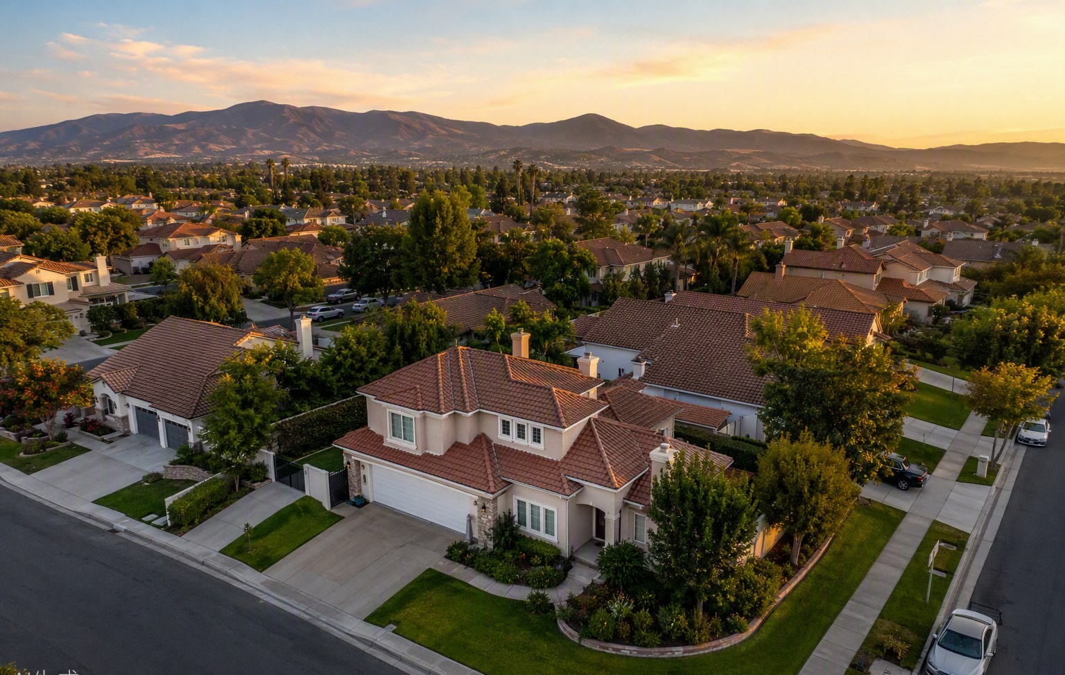 Aerial view of a Camarillo, California neighborhood at golden hour